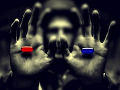 a man presenting two hands... one with a red pill, the other the blue pill